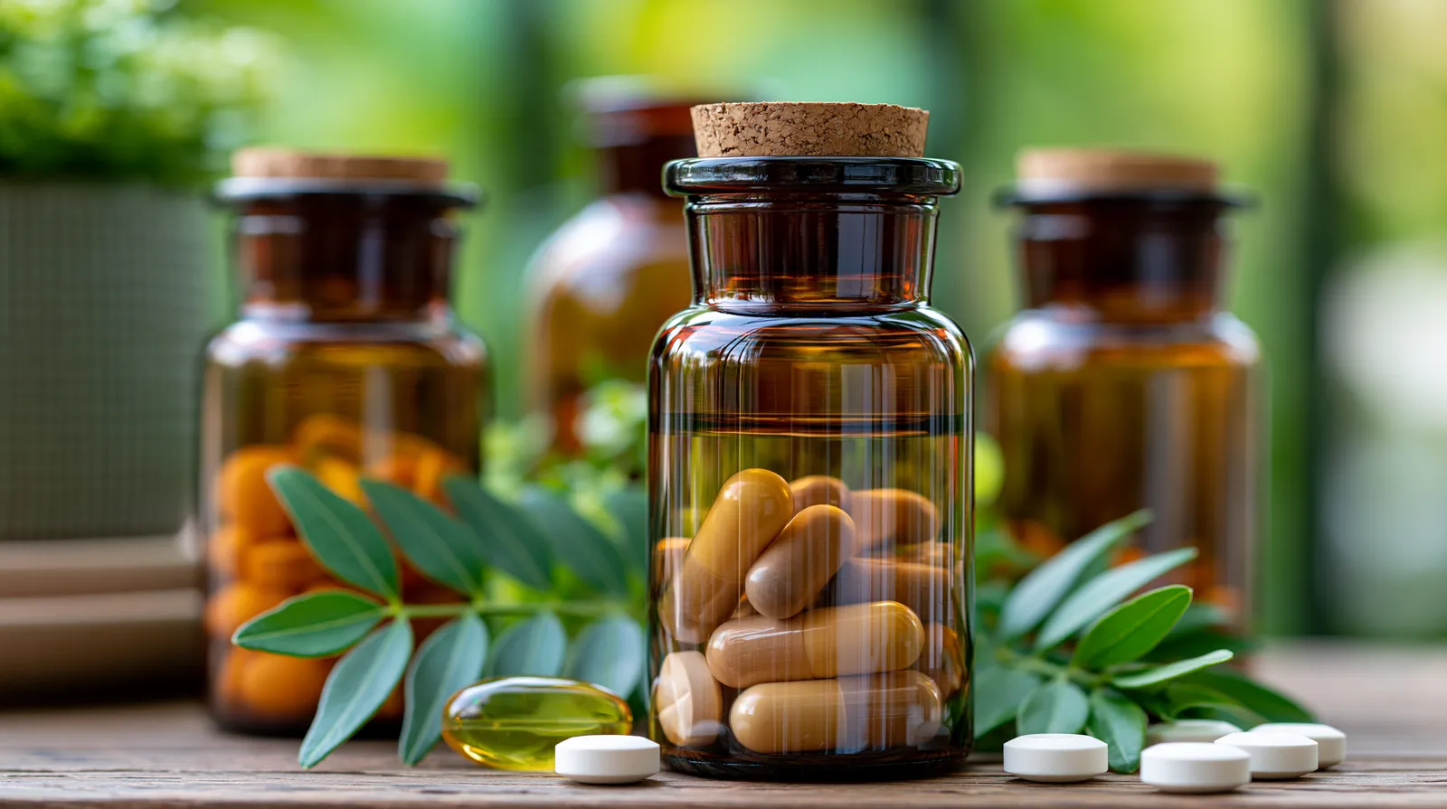 tchitcha. Close up of brown glass supplement bottles with cap 2e1aeab1 813e 42a6 b642 13b542de6596 0 pour ménopause et